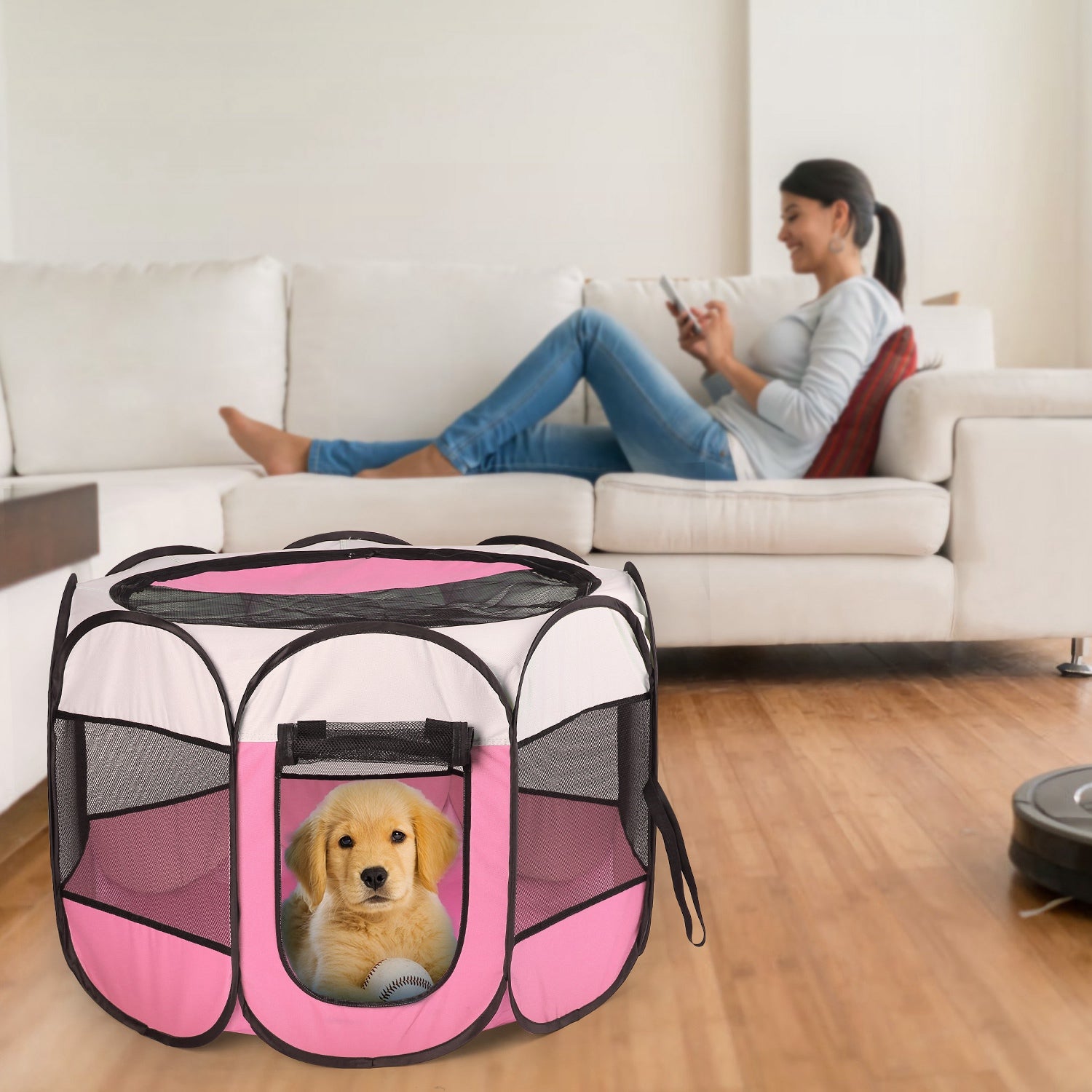 Pink-Blue Options -- 1Pc Portable Foldable Pet Tent Exercise Pen Kennel Removable Zipper Top And Bottom Water Resistant Indoor Outdoor Use For Dogs Cats Other Pets