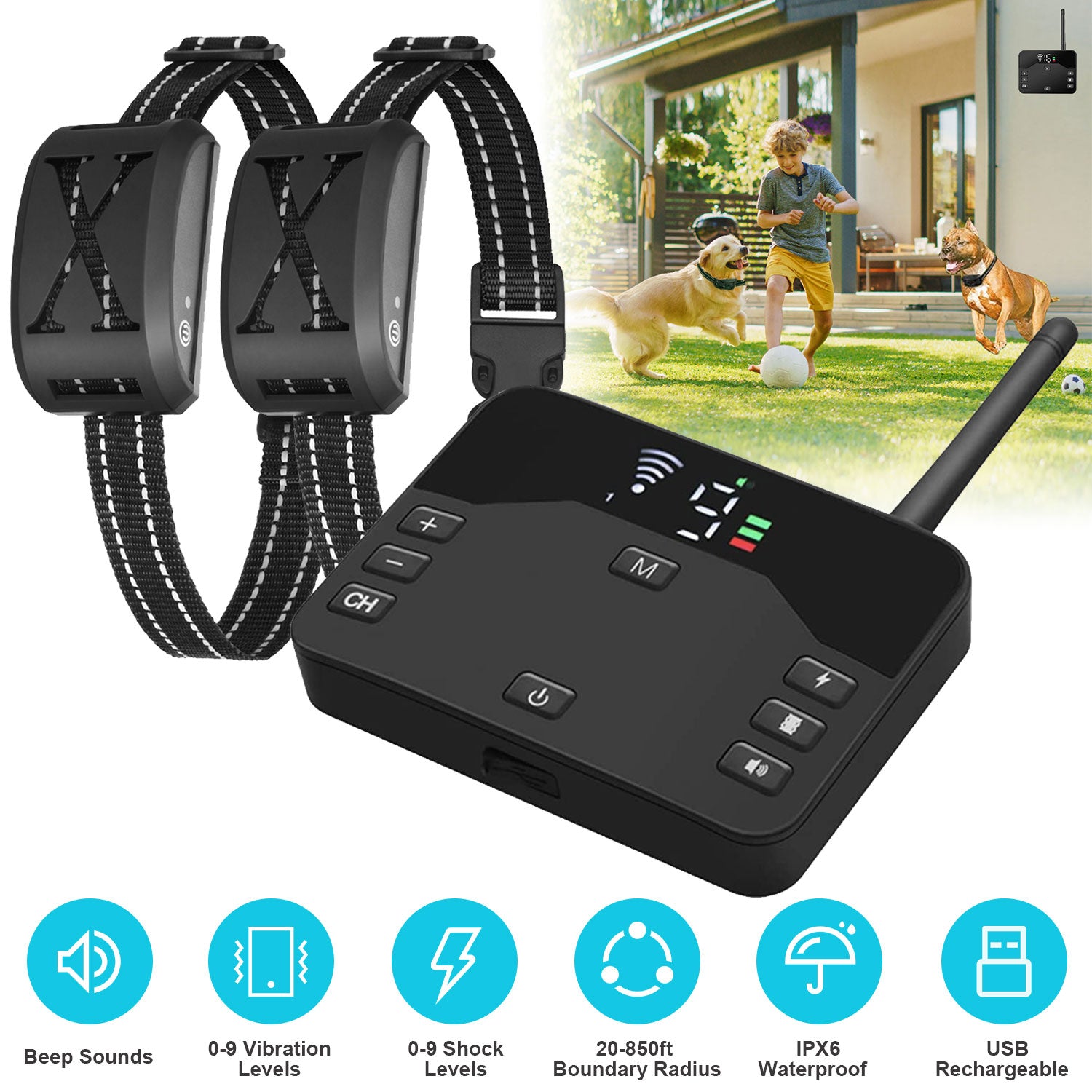 2 In 1 Wireless Electric Dog Fence Waterproof Pet Shock Boundary Containment System Electric Training Collar With 2 Receiver Collars For Small Medium Large Dogs