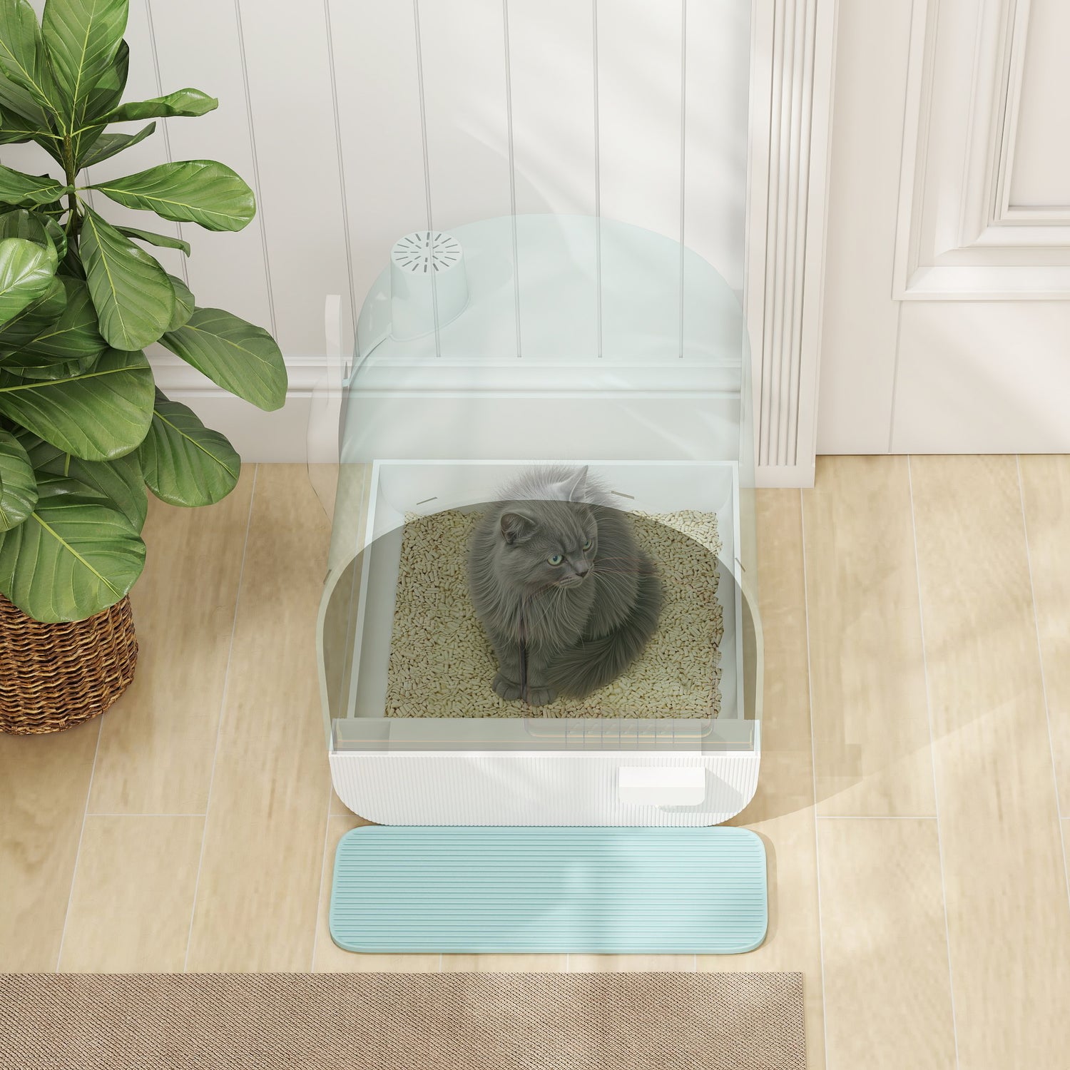 Fully Enclosed Cat Litter Box with Lid & Drawer Design, Covered Litter Box Anti-Leakage, Anti-Splashing, for Indoor Cats from Kitten to Adult, with Scoop & Mat, Easy Clean, Odor Control, Green