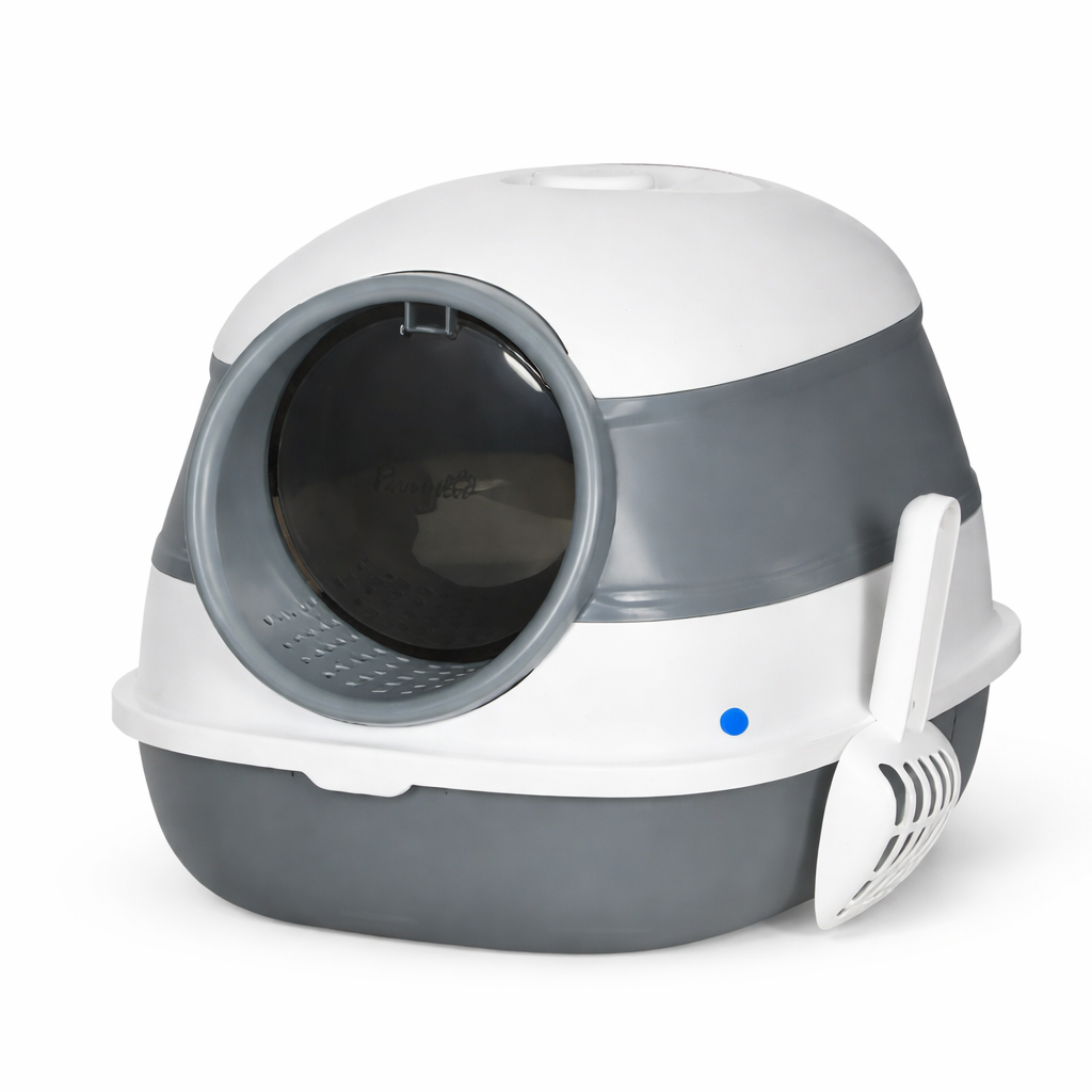 Dome Covered Cat Litter Box with Lid, White and Gray