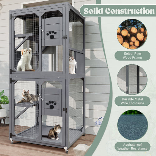 Catio Outdoor Cat Enclosure Window Access, 4 Tiers Cat House With Wheels, Resting Box & Waterproof Roof, Indoor Large Cat House Cage, Gray