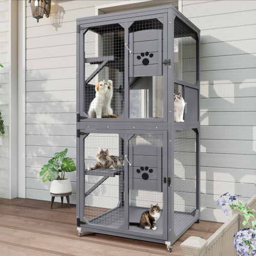 Catio Outdoor Cat Enclosure Window Access, 4 Tiers Cat House With Wheels, Resting Box & Waterproof Roof, Indoor Large Cat House Cage, Gray