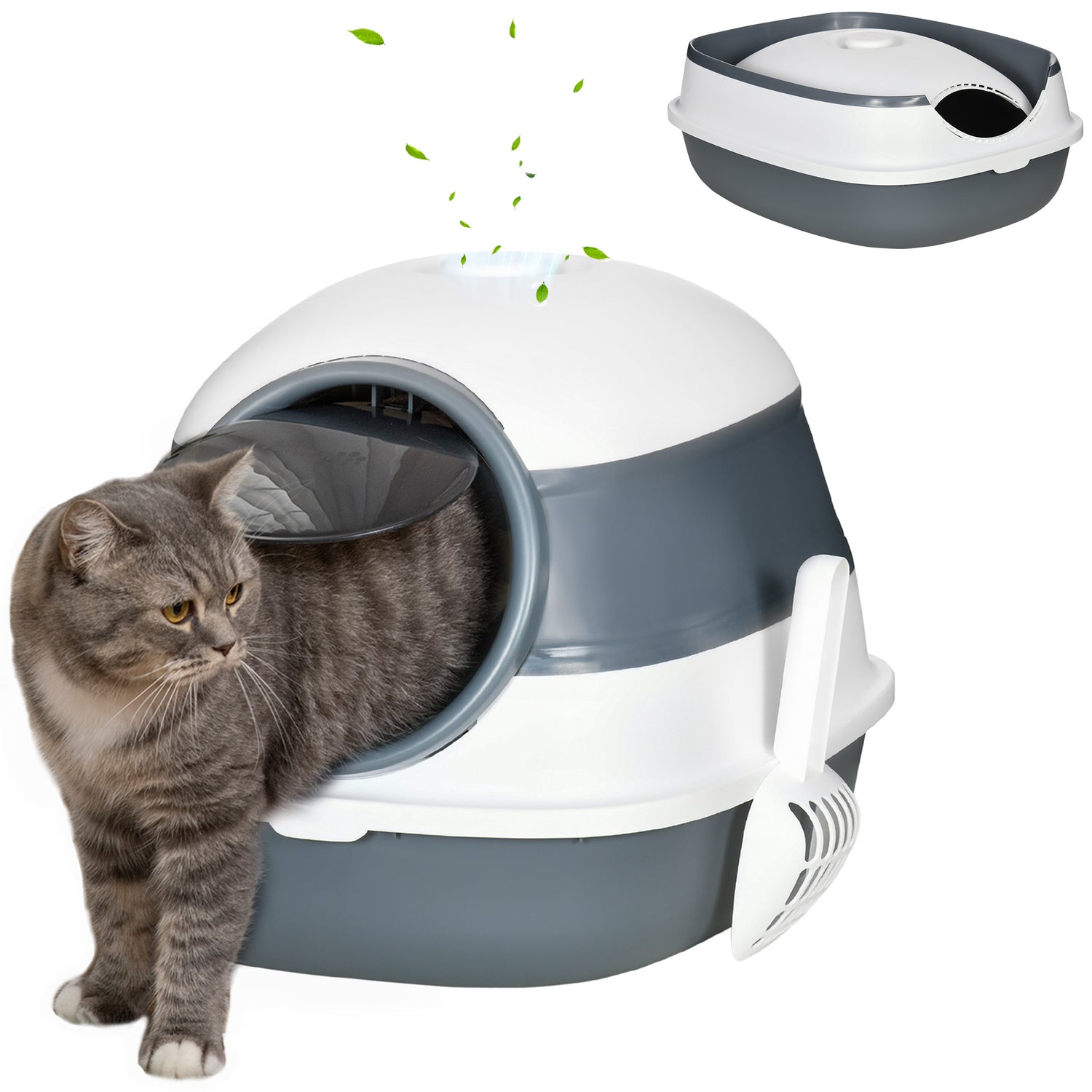 Dome Covered Cat Litter Box with Lid, White and Gray
