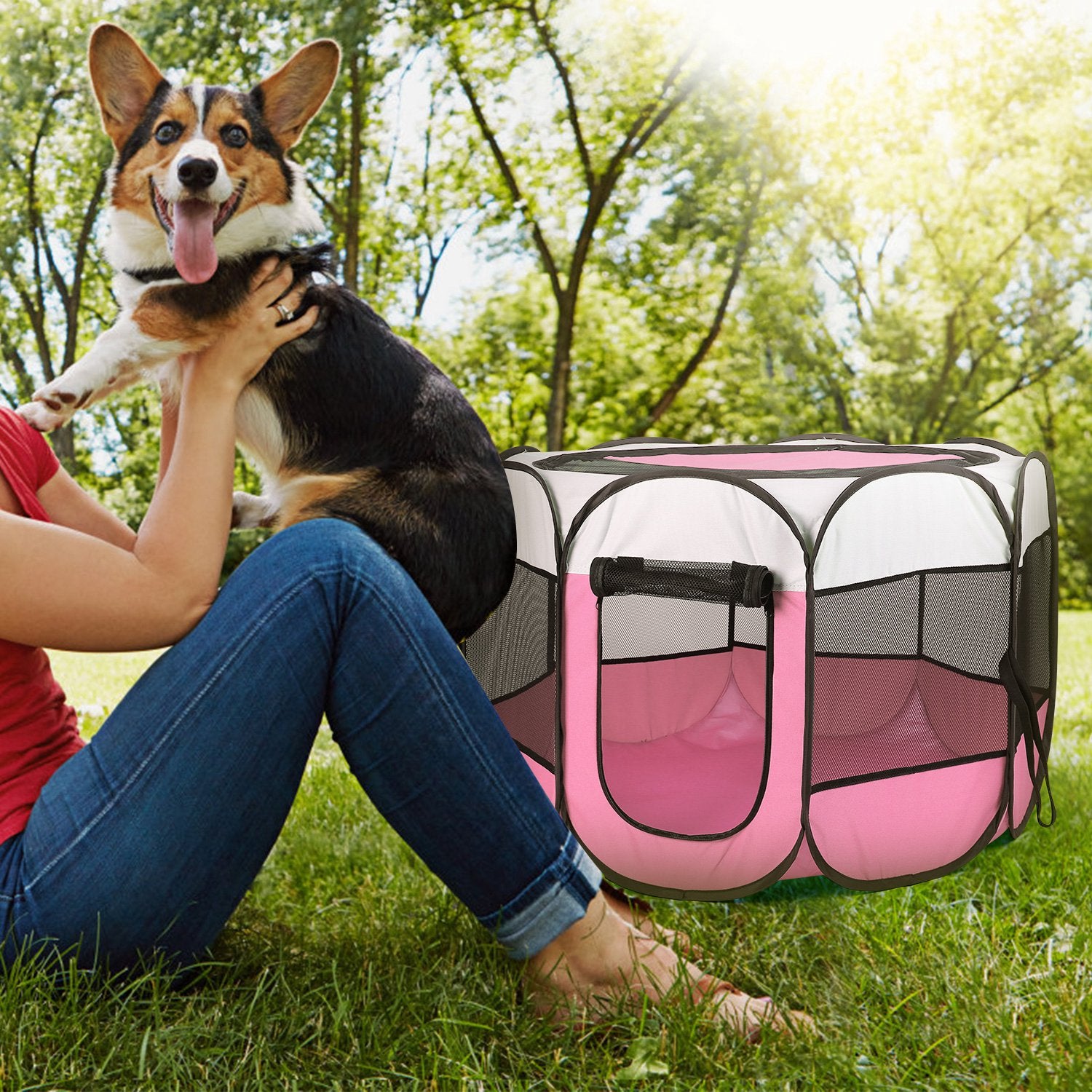 Pink-Blue Options -- 1Pc Portable Foldable Pet Tent Exercise Pen Kennel Removable Zipper Top And Bottom Water Resistant Indoor Outdoor Use For Dogs Cats Other Pets