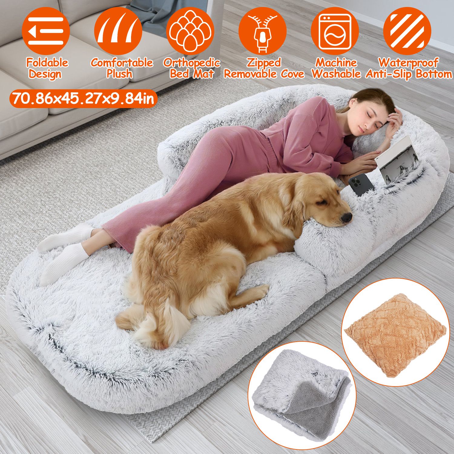 1Pc Large Foldable Human Size Dog Bed With Pillow Blanket Flurry Plush Napping Human-Sized Dog Bed Machine Washable Zipped Removable Cover For Pets Kids Adults Grey 71x45x10in