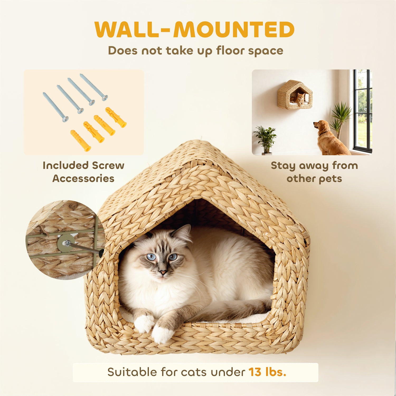 Wall Mounted Cat House, Cat Wall Furniture, Cat Wall Shelf with Washable Cushion, Natural