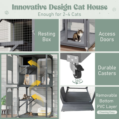 Catio Outdoor Cat Enclosure Window Access, 4 Tiers Cat House With Wheels, Resting Box & Waterproof Roof, Indoor Large Cat House Cage, Gray