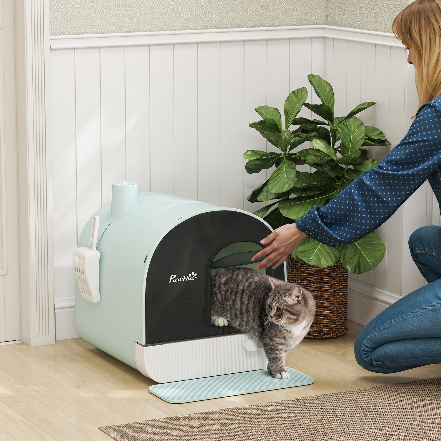 Fully Enclosed Cat Litter Box with Lid & Drawer Design, Covered Litter Box Anti-Leakage, Anti-Splashing, for Indoor Cats from Kitten to Adult, with Scoop & Mat, Easy Clean, Odor Control, Green